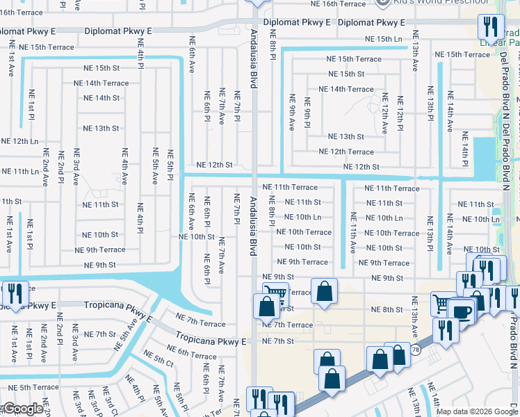 map of restaurants, bars, coffee shops, grocery stores, and more near 1101 Andalusia Boulevard in Cape Coral