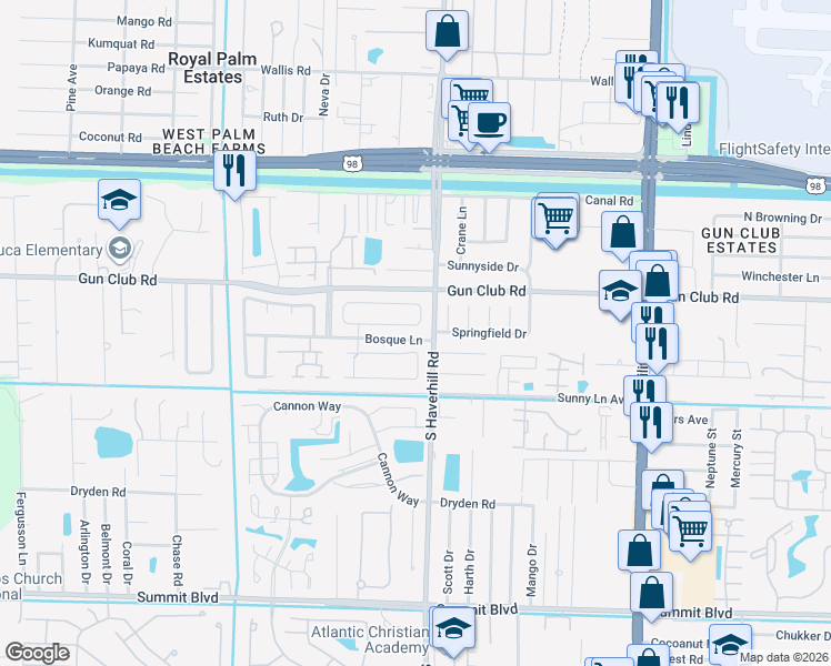 map of restaurants, bars, coffee shops, grocery stores, and more near 5094 El Claro Circle in West Palm Beach
