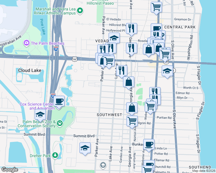 map of restaurants, bars, coffee shops, grocery stores, and more near 842 Kaye Street in West Palm Beach