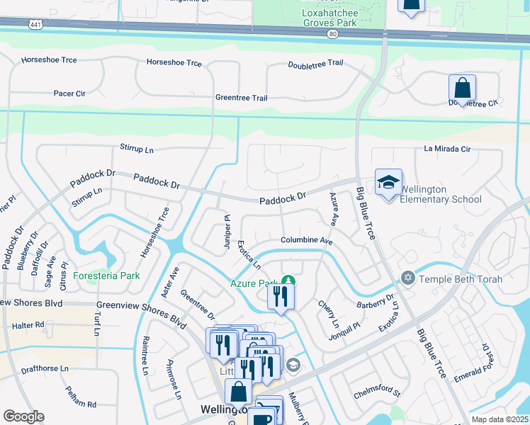 map of restaurants, bars, coffee shops, grocery stores, and more near 13769 Exotica Lane in Wellington