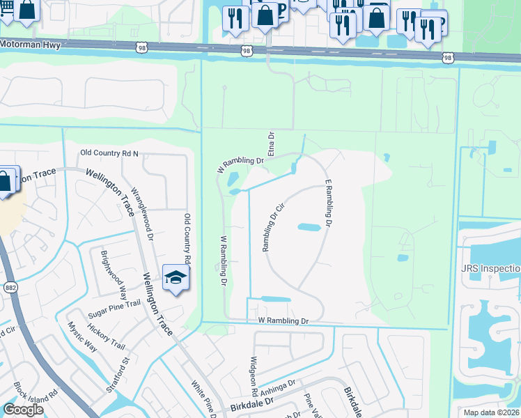 map of restaurants, bars, coffee shops, grocery stores, and more near 561 Rambling Drive Circle in Wellington