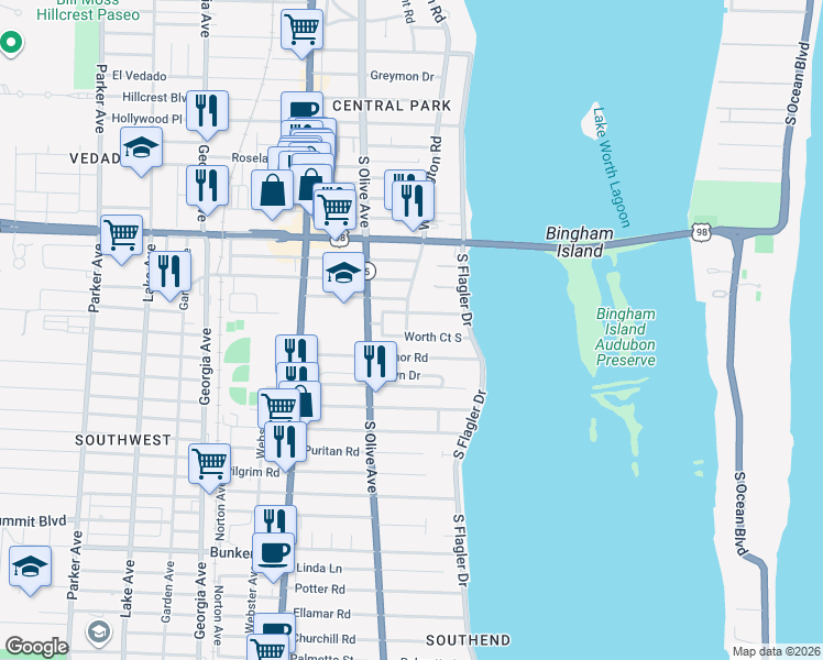 map of restaurants, bars, coffee shops, grocery stores, and more near 4400 Washington Road in West Palm Beach