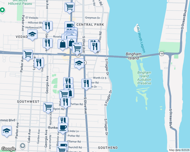 map of restaurants, bars, coffee shops, grocery stores, and more near 4400 Washington Road in West Palm Beach