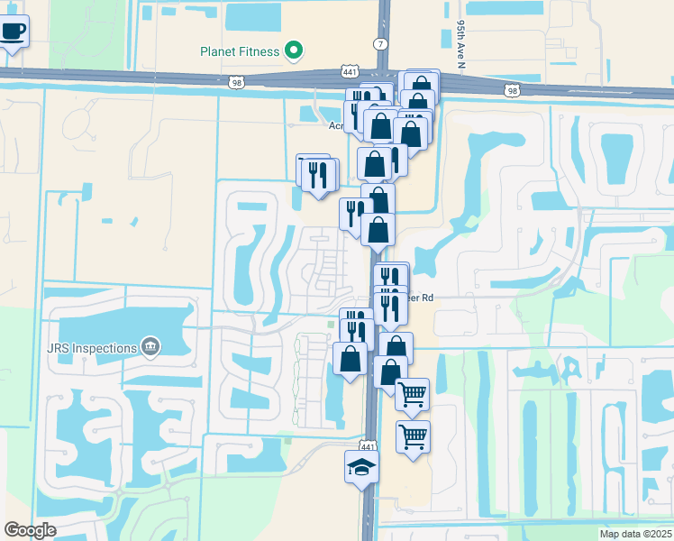 map of restaurants, bars, coffee shops, grocery stores, and more near 3401 Shoma Drive in Royal Palm Beach