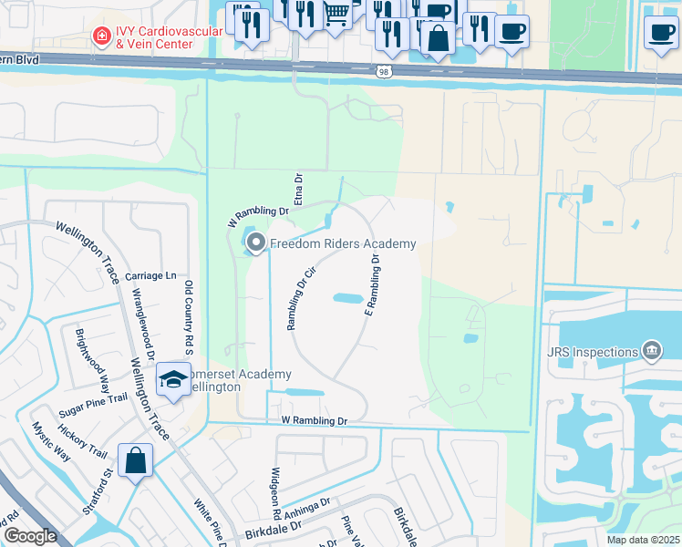 map of restaurants, bars, coffee shops, grocery stores, and more near 502 Rambling Drive Circle in Wellington