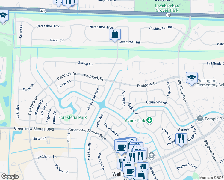 map of restaurants, bars, coffee shops, grocery stores, and more near 780 Juniper Place in Wellington