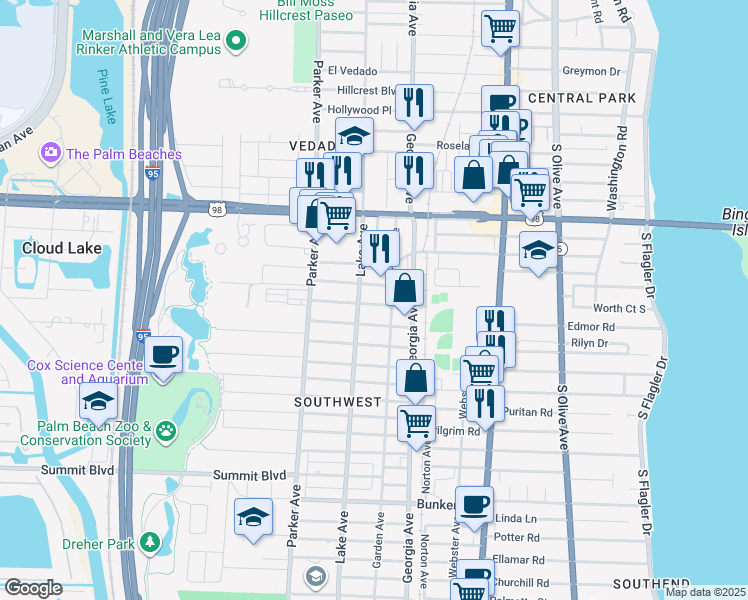 map of restaurants, bars, coffee shops, grocery stores, and more near 4401 Lake Avenue in West Palm Beach