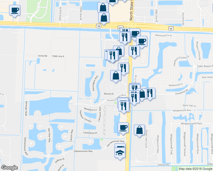 map of restaurants, bars, coffee shops, grocery stores, and more near 2308 Shoma Lane in West Palm Beach