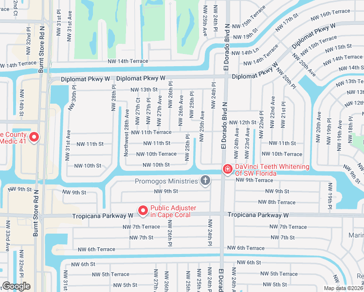 map of restaurants, bars, coffee shops, grocery stores, and more near 2605 Northwest 11th Street in Cape Coral