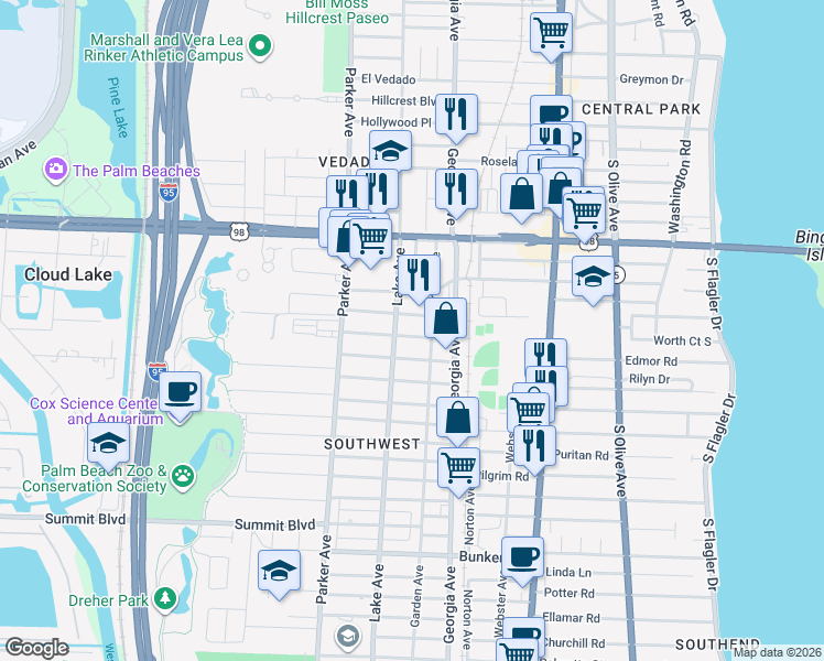 map of restaurants, bars, coffee shops, grocery stores, and more near 719 Briggs Street in West Palm Beach