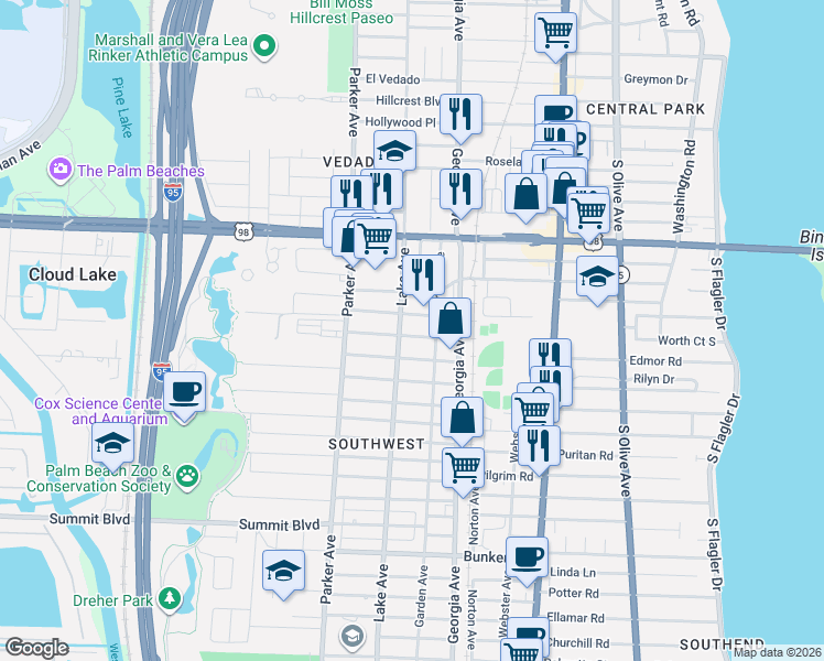 map of restaurants, bars, coffee shops, grocery stores, and more near 4401 Lake Avenue in West Palm Beach