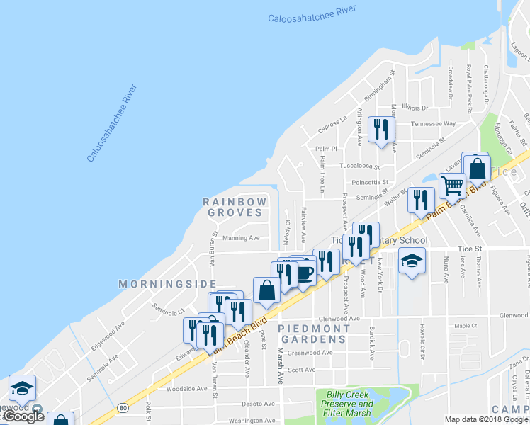 map of restaurants, bars, coffee shops, grocery stores, and more near 4156 Rainbow Drive in Fort Myers