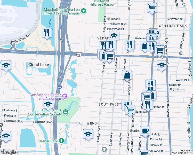 map of restaurants, bars, coffee shops, grocery stores, and more near 15 George Street in West Palm Beach