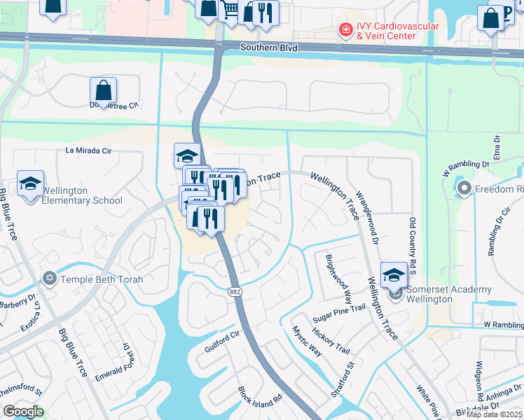 map of restaurants, bars, coffee shops, grocery stores, and more near 256 Wood Dale Drive in Wellington
