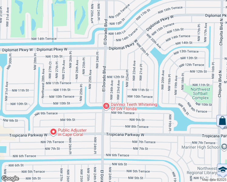 map of restaurants, bars, coffee shops, grocery stores, and more near 1104 Northwest 23rd Avenue in Cape Coral