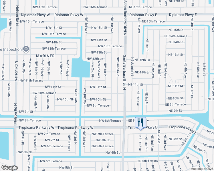 map of restaurants, bars, coffee shops, grocery stores, and more near 1106 Northwest 1st Avenue in Cape Coral