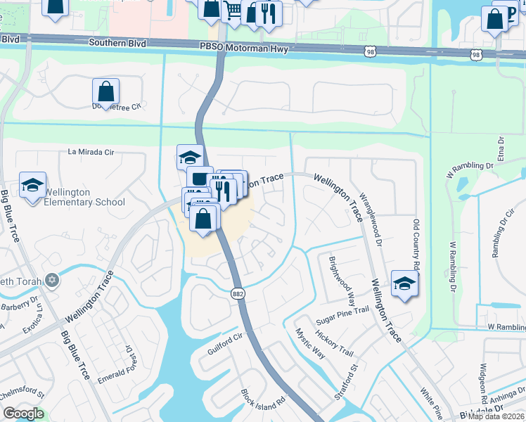 map of restaurants, bars, coffee shops, grocery stores, and more near 12627 Shady Pines Court in Wellington