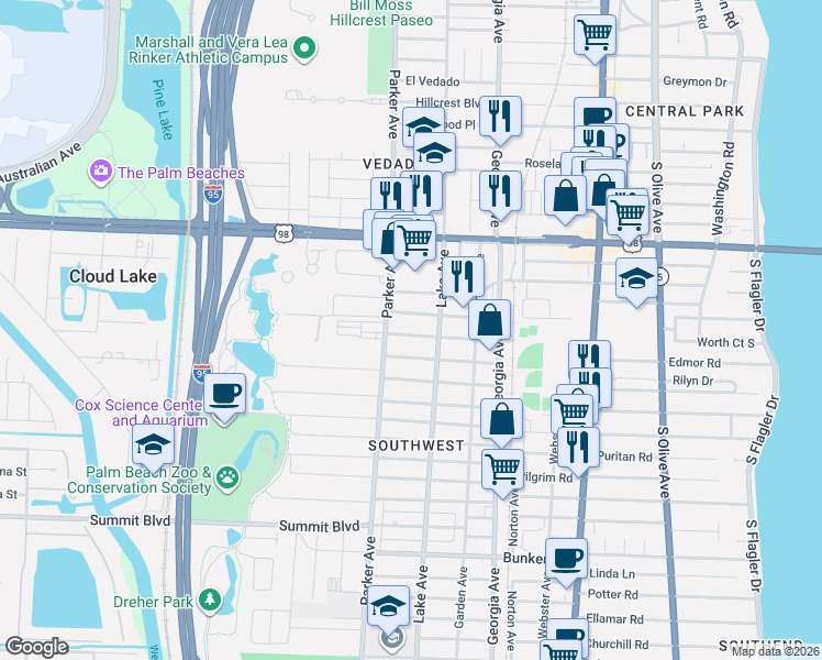 map of restaurants, bars, coffee shops, grocery stores, and more near 842 Kaye Street in West Palm Beach