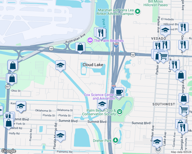 map of restaurants, bars, coffee shops, grocery stores, and more near 107 East Chandler Road in West Palm Beach