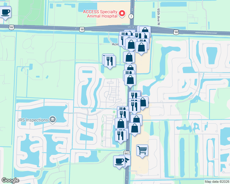 map of restaurants, bars, coffee shops, grocery stores, and more near 3401 Shoma Drive in Royal Palm Beach