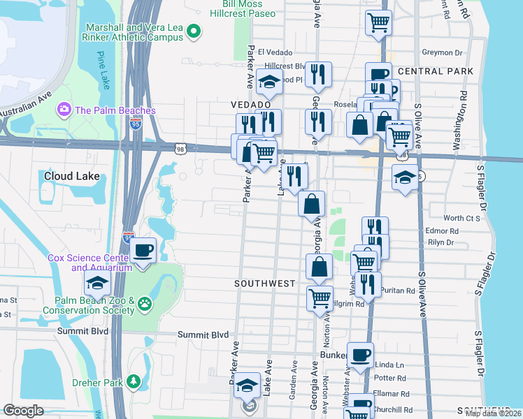 map of restaurants, bars, coffee shops, grocery stores, and more near 842 Kaye Street in West Palm Beach