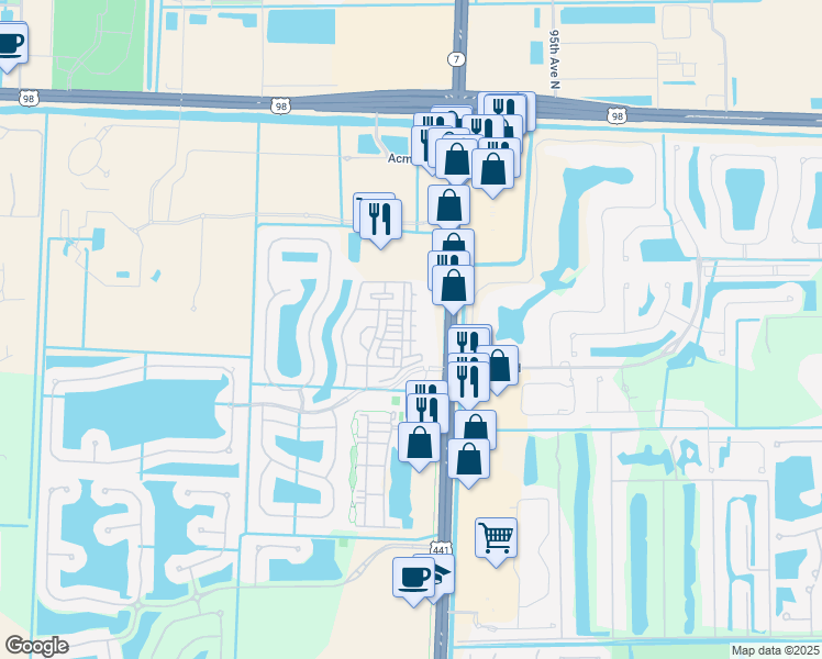 map of restaurants, bars, coffee shops, grocery stores, and more near 135 U.S. 441 in Royal Palm Beach
