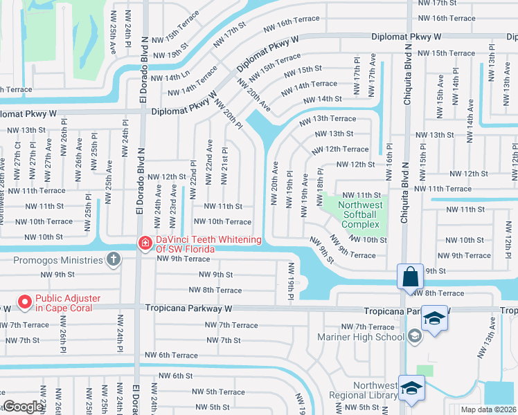 map of restaurants, bars, coffee shops, grocery stores, and more near 1104 Northwest 20th Avenue in Cape Coral