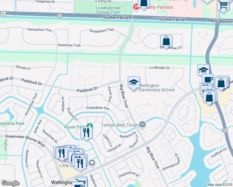 map of restaurants, bars, coffee shops, grocery stores, and more near 504 Indigo Avenue in Wellington