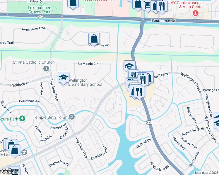 map of restaurants, bars, coffee shops, grocery stores, and more near 645 Santa Clara Trail in Wellington