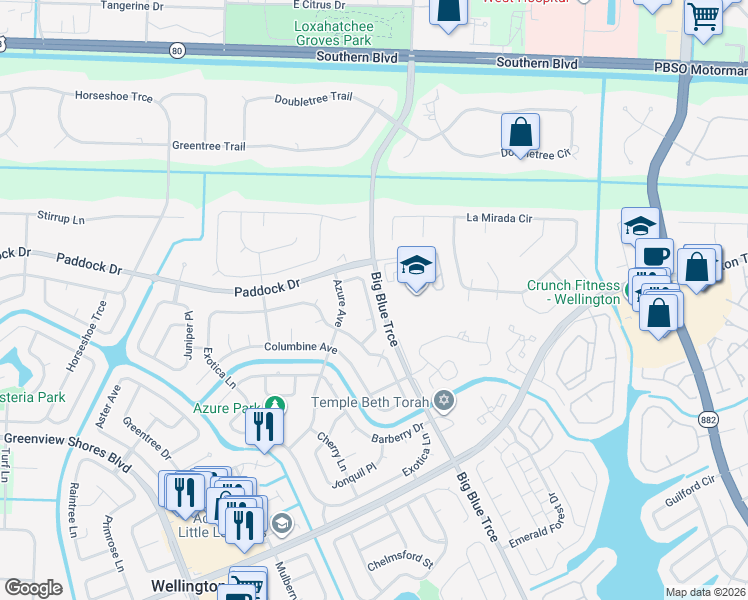 map of restaurants, bars, coffee shops, grocery stores, and more near 504 Indigo Avenue in Wellington