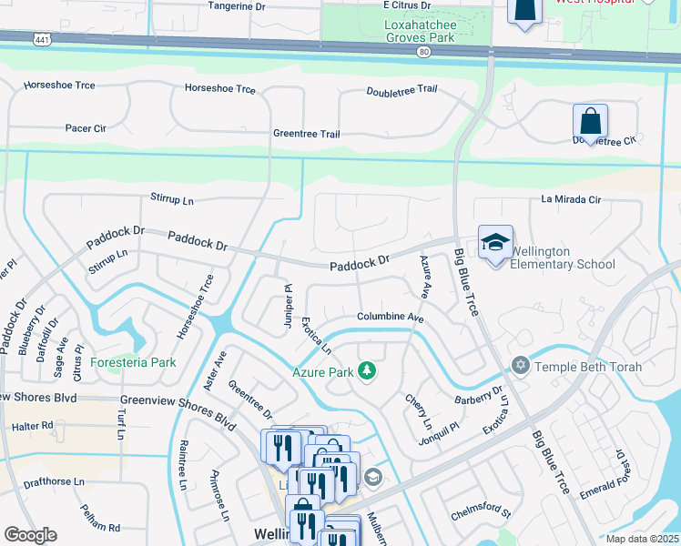 map of restaurants, bars, coffee shops, grocery stores, and more near 13926 Paddock Drive in Wellington