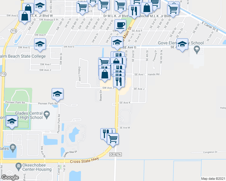 map of restaurants, bars, coffee shops, grocery stores, and more near 1024 South Main Street in Belle Glade