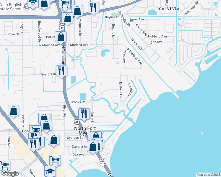map of restaurants, bars, coffee shops, grocery stores, and more near 162 Brooks Road in North Fort Myers