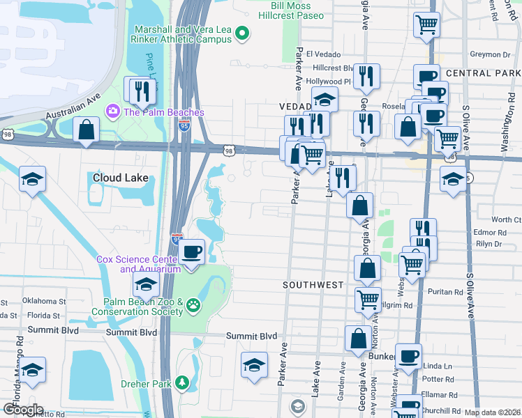 map of restaurants, bars, coffee shops, grocery stores, and more near 37 George Street in West Palm Beach