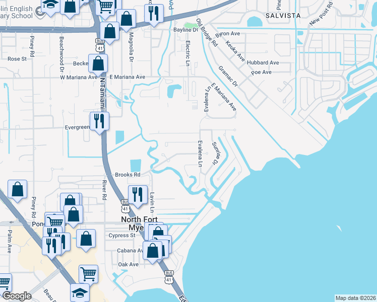 map of restaurants, bars, coffee shops, grocery stores, and more near 162 Brooks Road in North Fort Myers