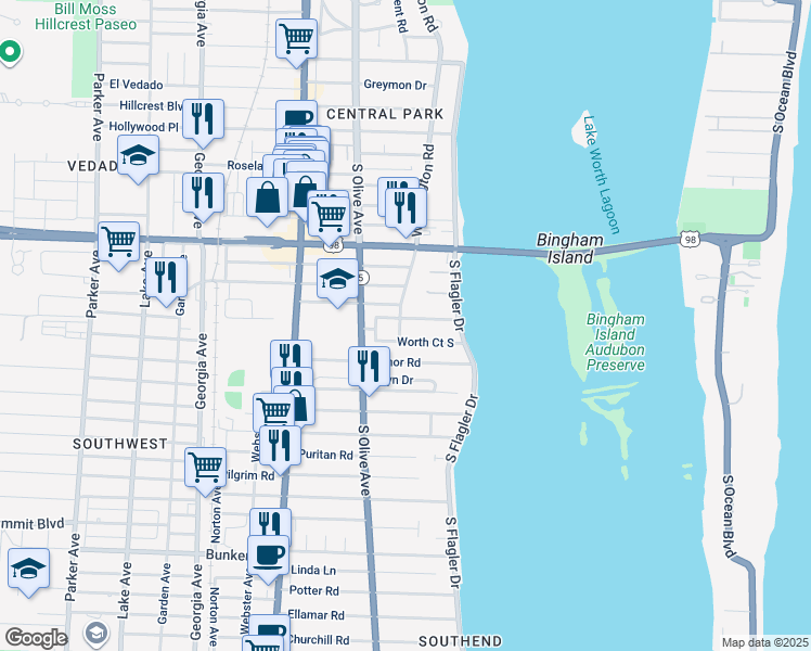 map of restaurants, bars, coffee shops, grocery stores, and more near 4400 Washington Road in West Palm Beach