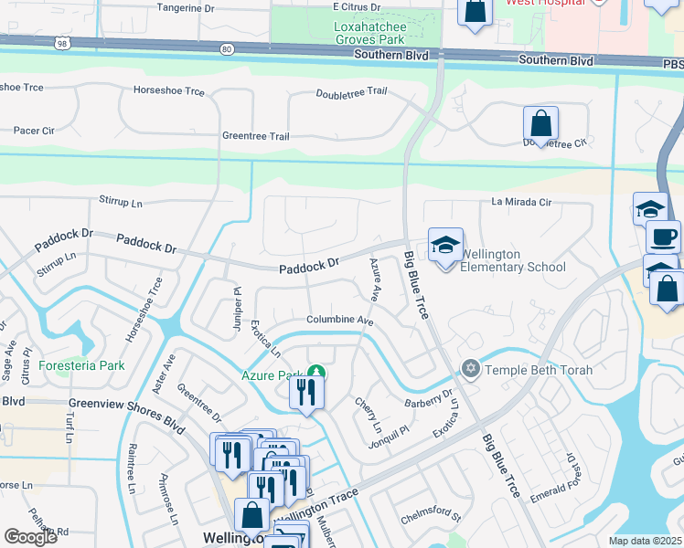 map of restaurants, bars, coffee shops, grocery stores, and more near 13815 Exotica Lane in Wellington