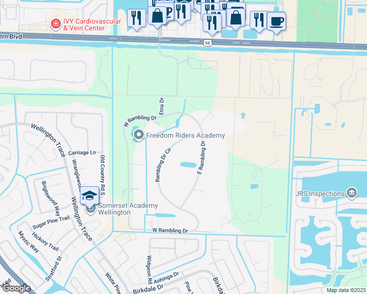 map of restaurants, bars, coffee shops, grocery stores, and more near 502 Rambling Drive Circle in Wellington