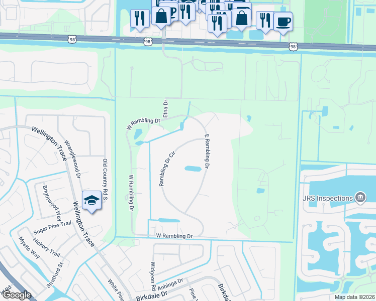 map of restaurants, bars, coffee shops, grocery stores, and more near 502 Rambling Drive Circle in Wellington
