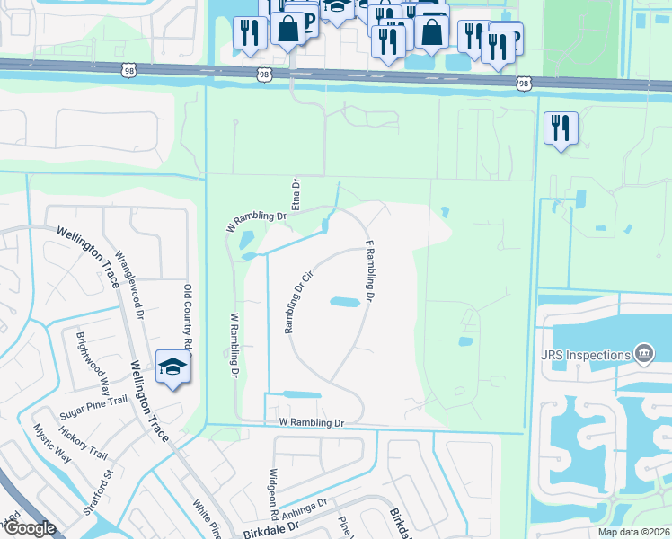 map of restaurants, bars, coffee shops, grocery stores, and more near 502 Rambling Drive Circle in Wellington