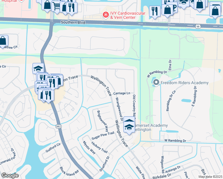 map of restaurants, bars, coffee shops, grocery stores, and more near 274 Wranglewood Drive in Wellington