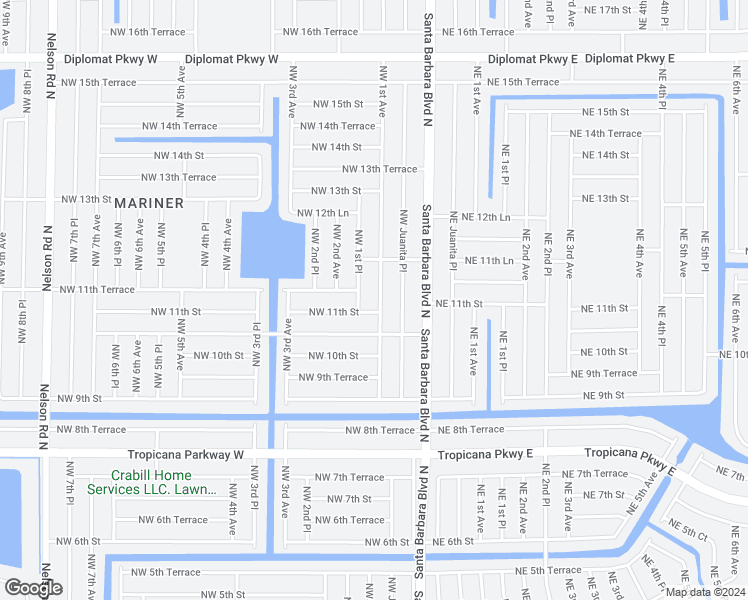 map of restaurants, bars, coffee shops, grocery stores, and more near 1106 Northwest 1st Avenue in Cape Coral