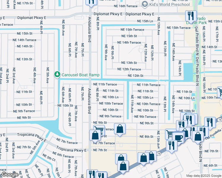 map of restaurants, bars, coffee shops, grocery stores, and more near 911 Northeast 11th Street in Cape Coral