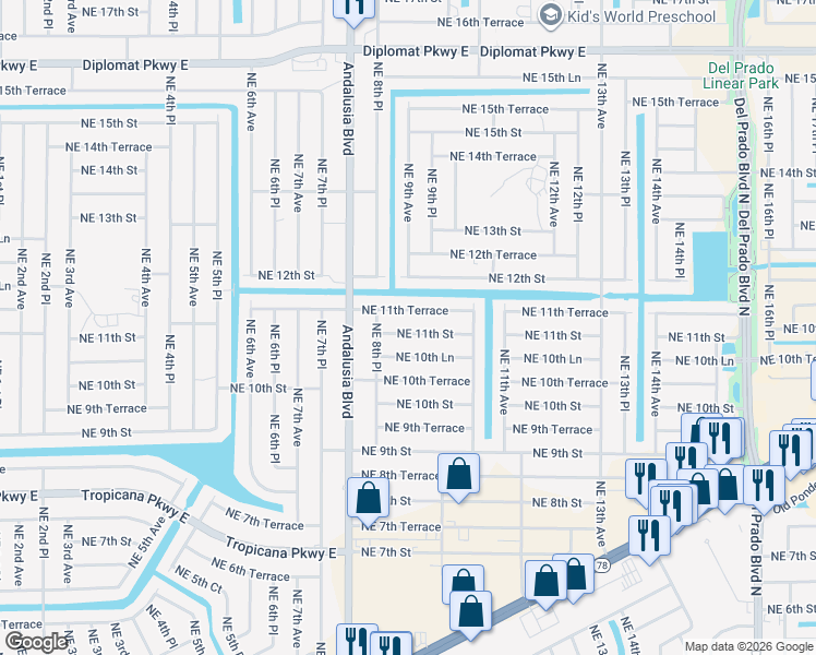 map of restaurants, bars, coffee shops, grocery stores, and more near 821 Northeast 11th Street in Cape Coral