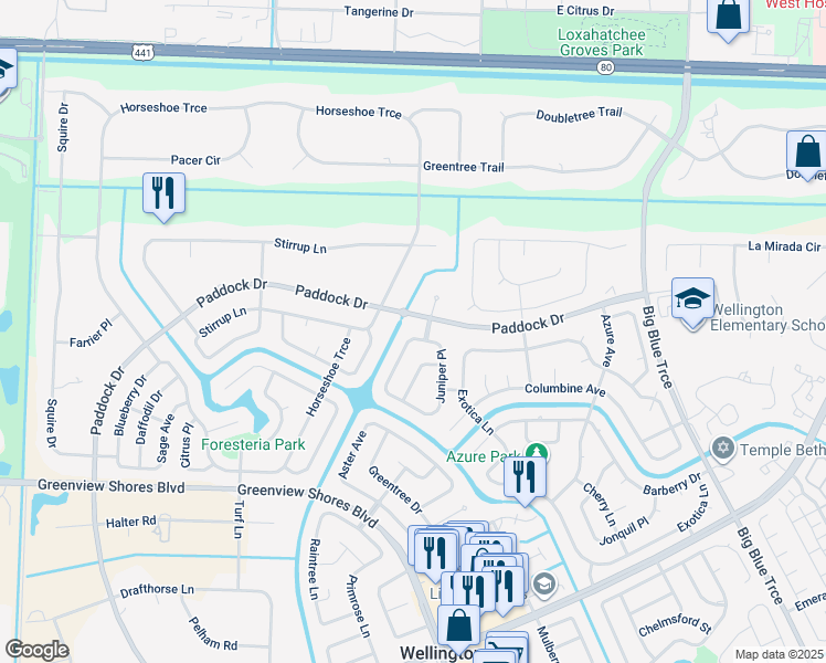 map of restaurants, bars, coffee shops, grocery stores, and more near 780 Juniper Pl in Wellington