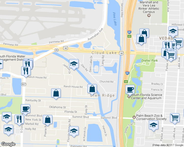 map of restaurants, bars, coffee shops, grocery stores, and more near 1445 Glen Road in West Palm Beach