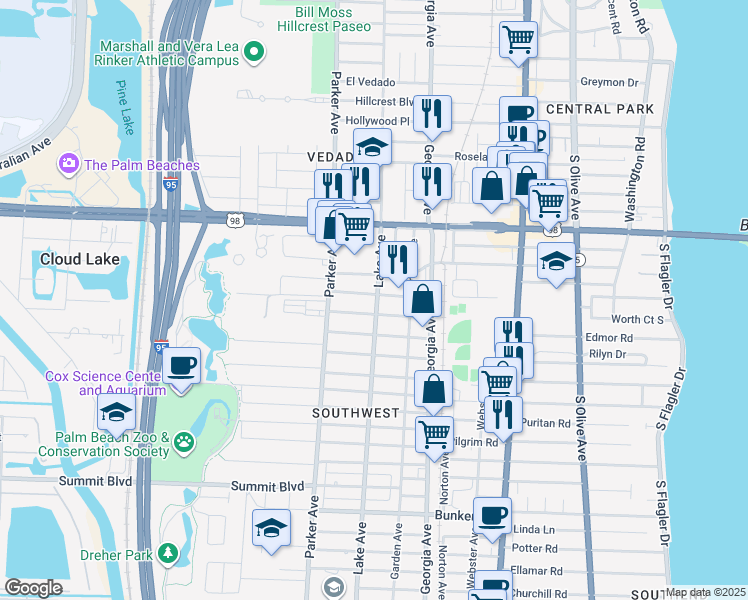 map of restaurants, bars, coffee shops, grocery stores, and more near 4401 Lake Avenue in West Palm Beach