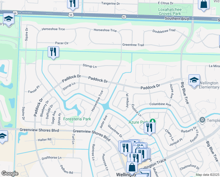 map of restaurants, bars, coffee shops, grocery stores, and more near 14174 Blackberry Drive in Wellington