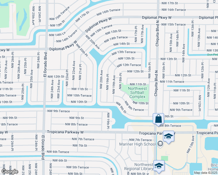 map of restaurants, bars, coffee shops, grocery stores, and more near 1105 Northwest 19th Place in Cape Coral