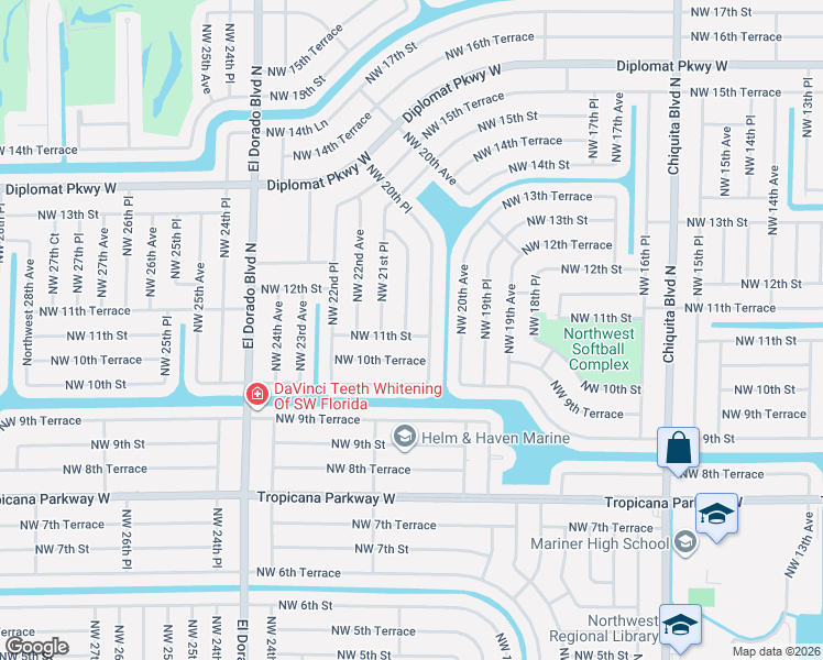 map of restaurants, bars, coffee shops, grocery stores, and more near 1101 Northwest 21st Avenue in Cape Coral